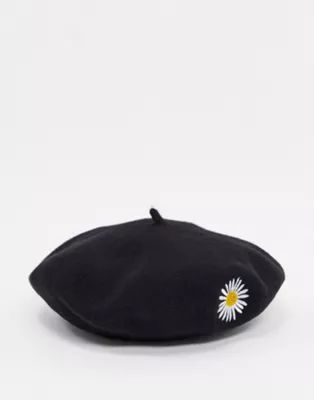 ASOS DESIGN wool beret with daisy embroidery in black | ASOS (Global)