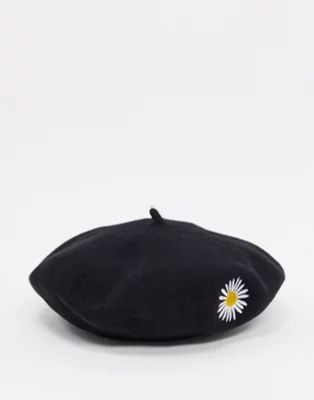 ASOS DESIGN wool beret with daisy embroidery in black | ASOS (Global)