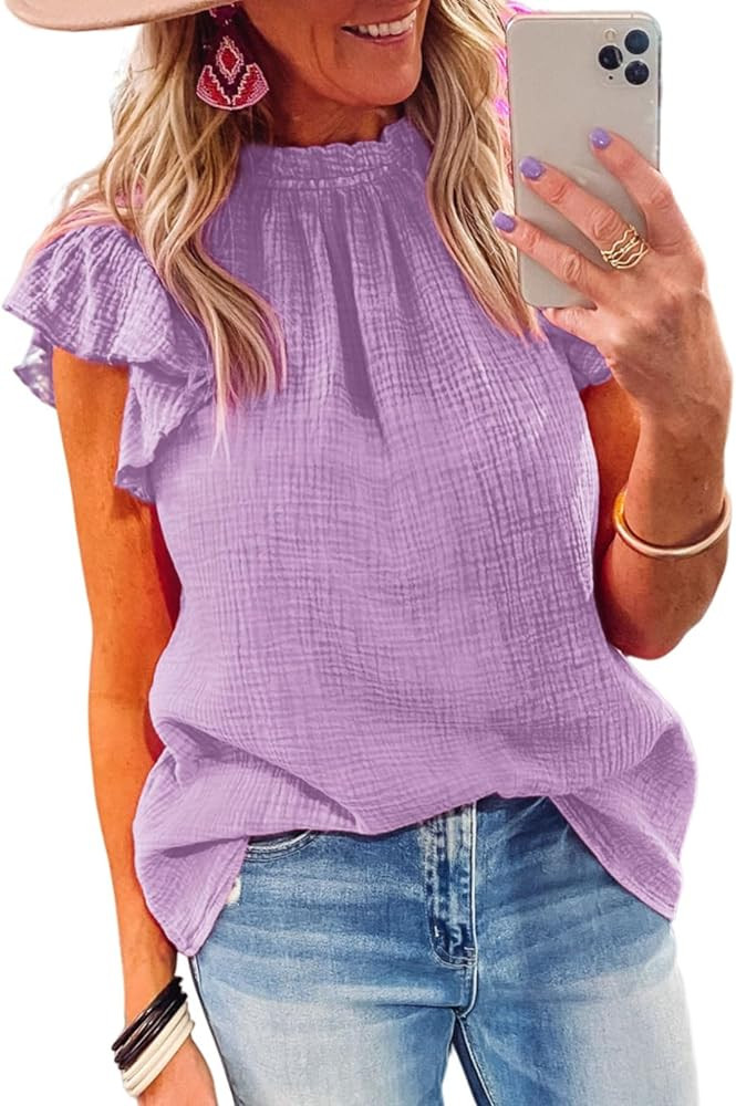 Dokotoo Casual Blouses for Women Crewneck Smocked Ruffle Short Sleeve Babydoll Womens Tops | Amazon (US)