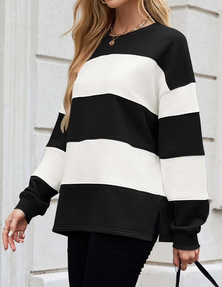 ZESICA Women's Fall Sweatshirt Tops Crewneck Long Sleeve Loose Oversized Striped Fleece Pullover ... | Amazon (US)