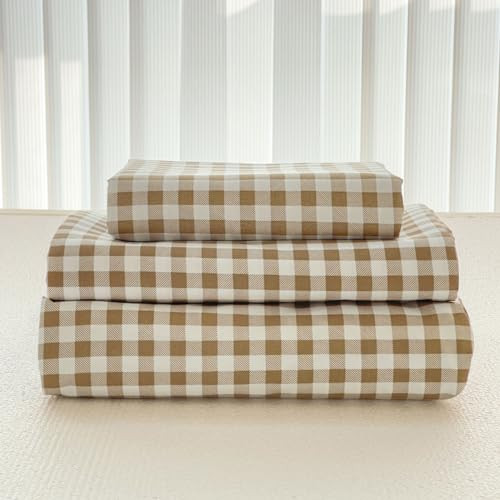 NSNLGSGC Tan Gingham King Sheet Set, Soft Brushed Microfiber Taupe Plaid King Bed Sheets, 4-Pieces Brown Grid Sheet Set with Deep Pocket | Amazon (US)