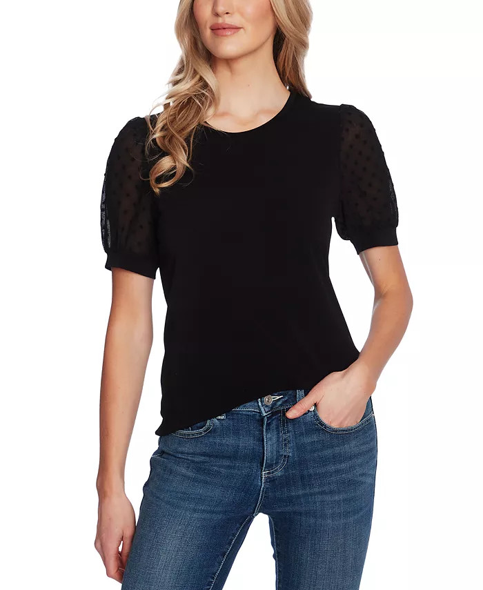 CeCe Women's Short Puff-Sleeve Mixed Media Knit Top - Macy's | Macys (US)