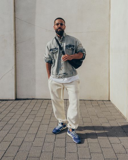 SALE 🚨 sweatpants currently on sale… ESSENTIALS Denim Trucker Jacket (size M) and Sweatpants in ‘Eggshell’ (size M). FEAR OF GOD x BARTON PERREIRA glasses in ‘Matte Taupe’. THE ROW Slouchy Banana Bag in ‘Black’. ADIDAS ORIGINALS TRX Vintage Sneakers in ‘Blue’ (size 9.5 US). A relaxed and elevated look that’s comfortable for a day out this summer, and layered for the cooler evenings. The pants are currently on sale and I have linked similar items where items are sold out. 

#LTKsalealert #LTKunder100 #LTKmens