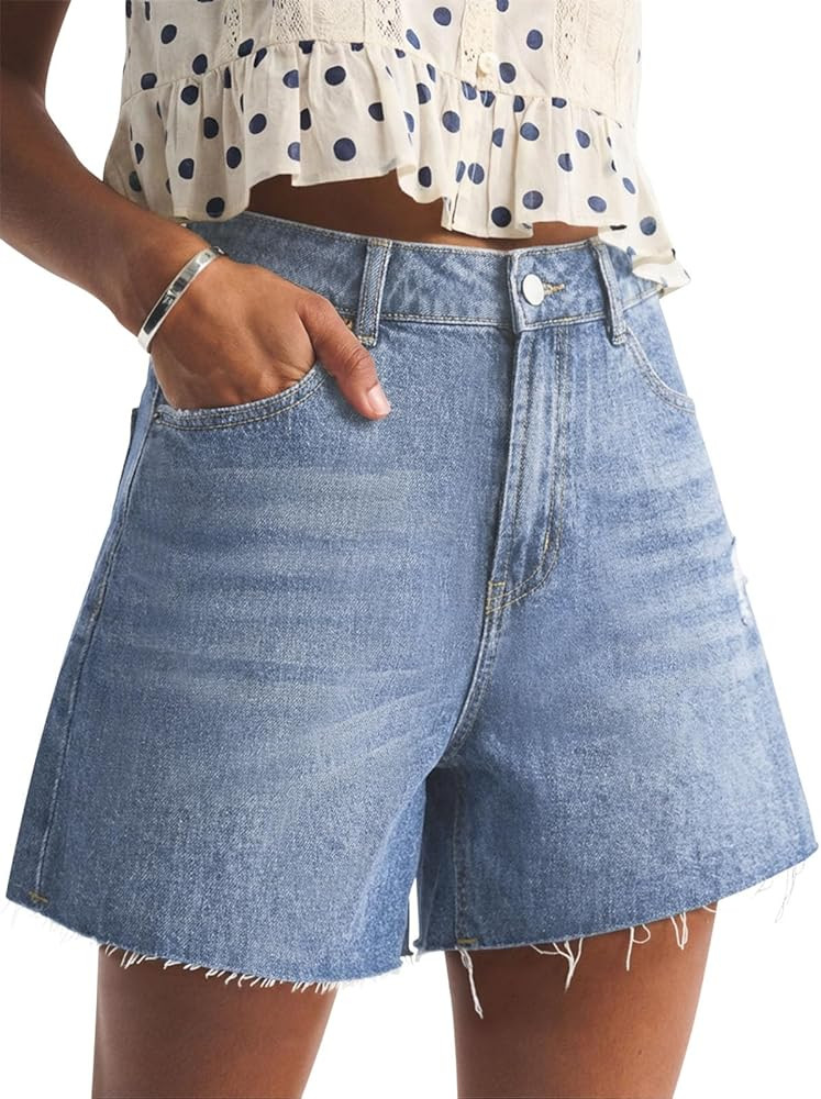 PINKMSTYLE Jean Shorts for Women High Waisted Casual Ripped Denim Short Frayed Hem Summer Trendy ... | Amazon (US)