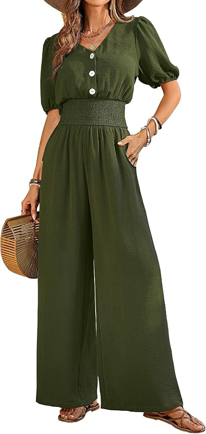 Womens Jumpsuits Short Sleeve V Neck Dressy Casual Wide Leg Pants Romper 2025 Summer One Piece Ou... | Amazon (US)