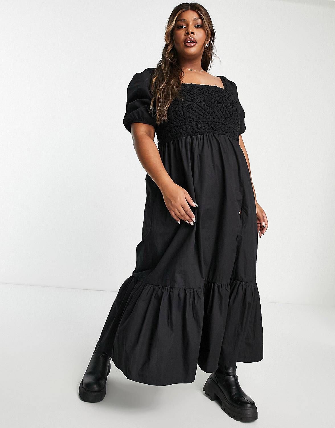 ASOS DESIGN Curve crochet insert cotton poplin maxi dress in black  | ASOS | ASOS (Global)