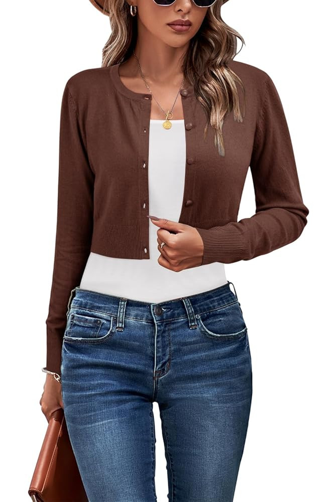 Newshows Cropped Cardigan Sweaters for Women 2025 Crew Neck Button Down Open Front Knit Bolero Sh... | Amazon (US)