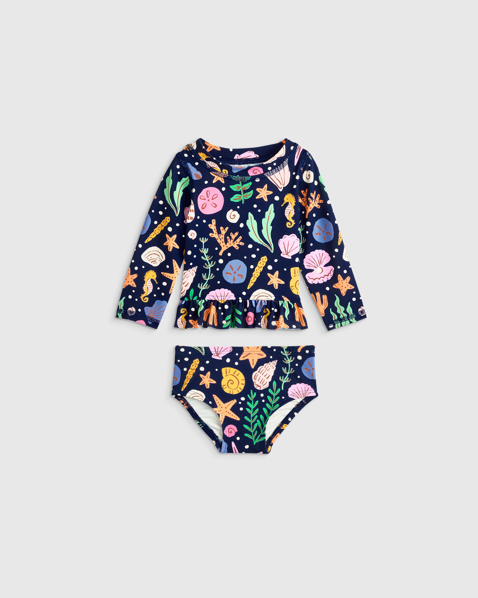 Quince | Long Sleeve Ruffle Rash Guard Two-Piece Swimsuit in Navy Seashells, Size 9-12M, Recycled Polyester / Spandex | Quince