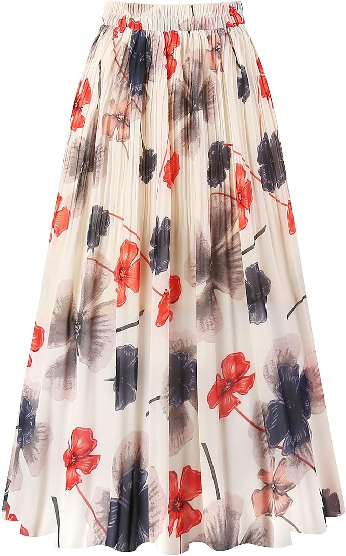 Kingfancy Women's Pleated Skirt Chiffon Elastic Waist A-Line Midi Length Skirt | Amazon (US)