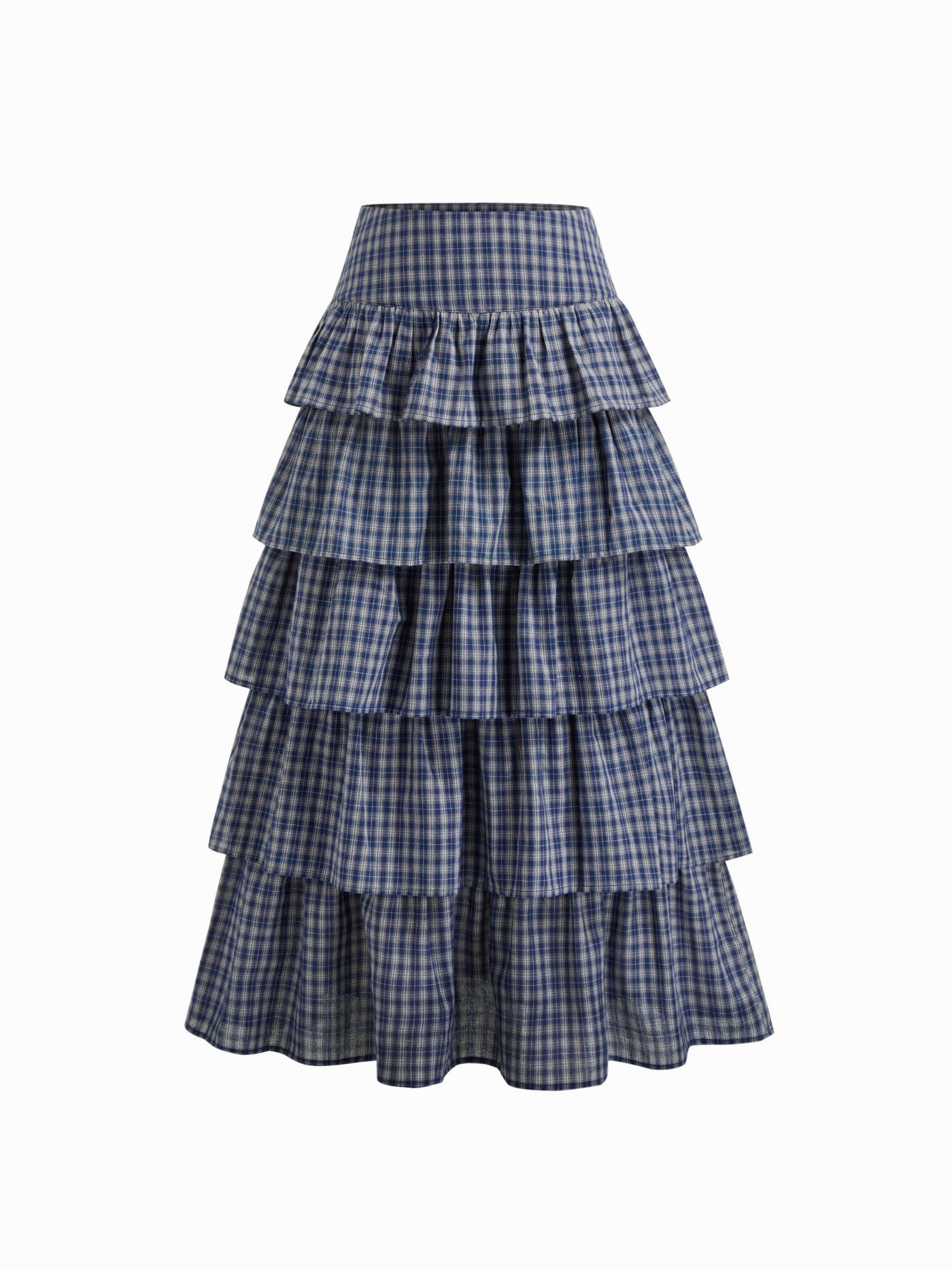 Woven Cotton-blend Mid Rise Tartan Layered Ruffle Hem Maxi Skirt For Daily Casual | Cider