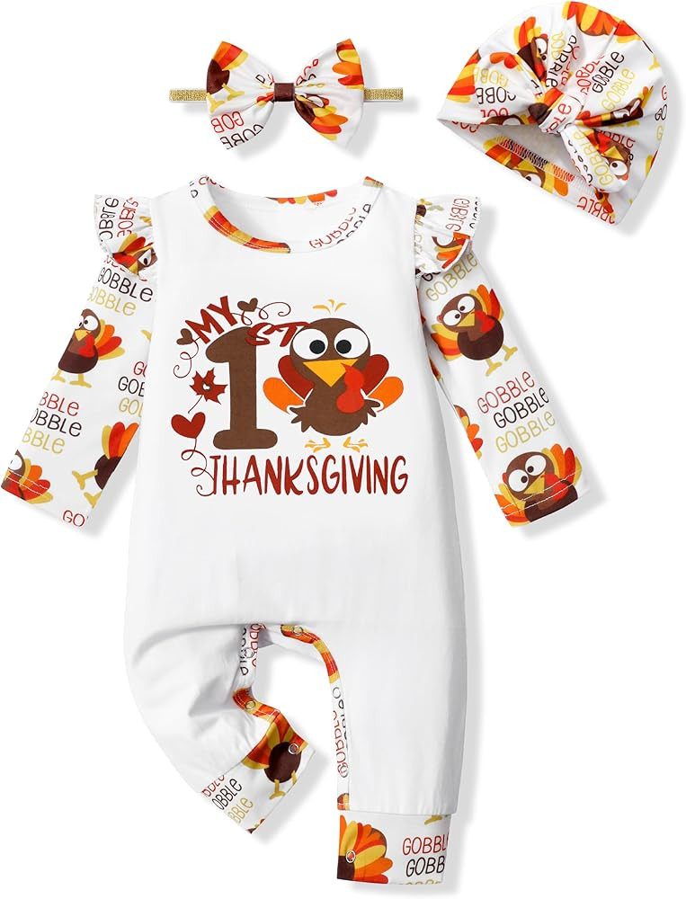 AGAPENG Baby Girl Thanksgiving Outfit My First Thanksgiving Turkey Romper Ruffle Sleeve Jumpsuit ... | Amazon (US)