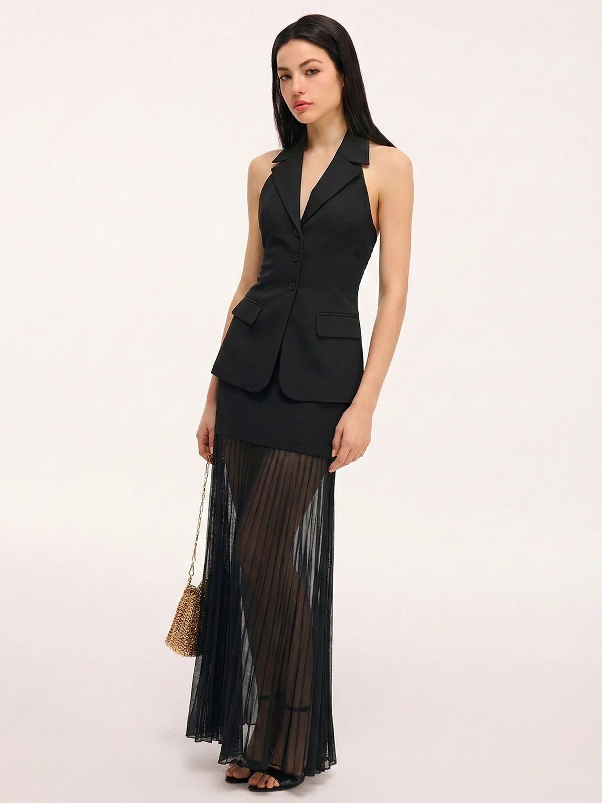 Halter Blazer Vest & Sheer Pleated Maxi Skirt | Commense