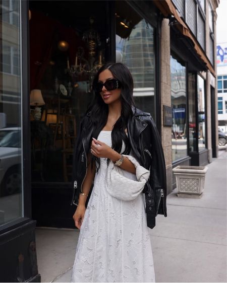 Casual spring outfit 
White spring lace dress wearing an XS
AllSaints leather jacket wearing a US 2
Prada white slingback pumps sized down by 1/2



#LTKSeasonal #LTKstyletip #LTKitbag