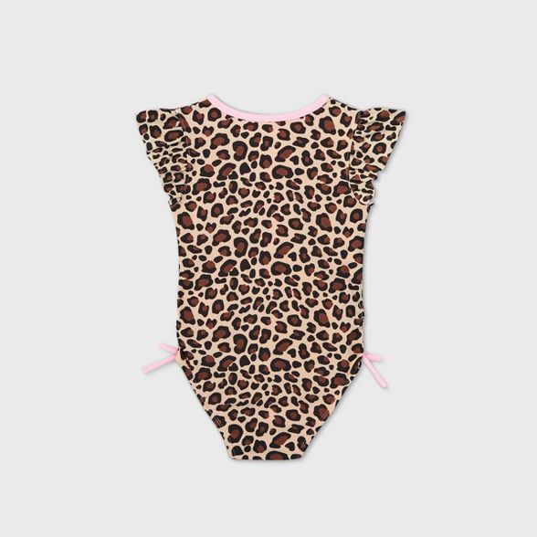 Toddler Girls' Leopard Print Zip-Front Flutter Sleeve One Piece Swimsuit - Cat & Jack™ Brown | Target