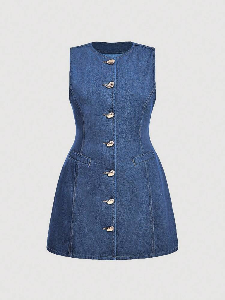 SHEIN MOD Plus Size Women's Summer Single Breasted Round Neck Sleeveless Casual Denim Dress, Women's Dress, Women's Summer Dress, Business Casual Denim Dress | SHEIN