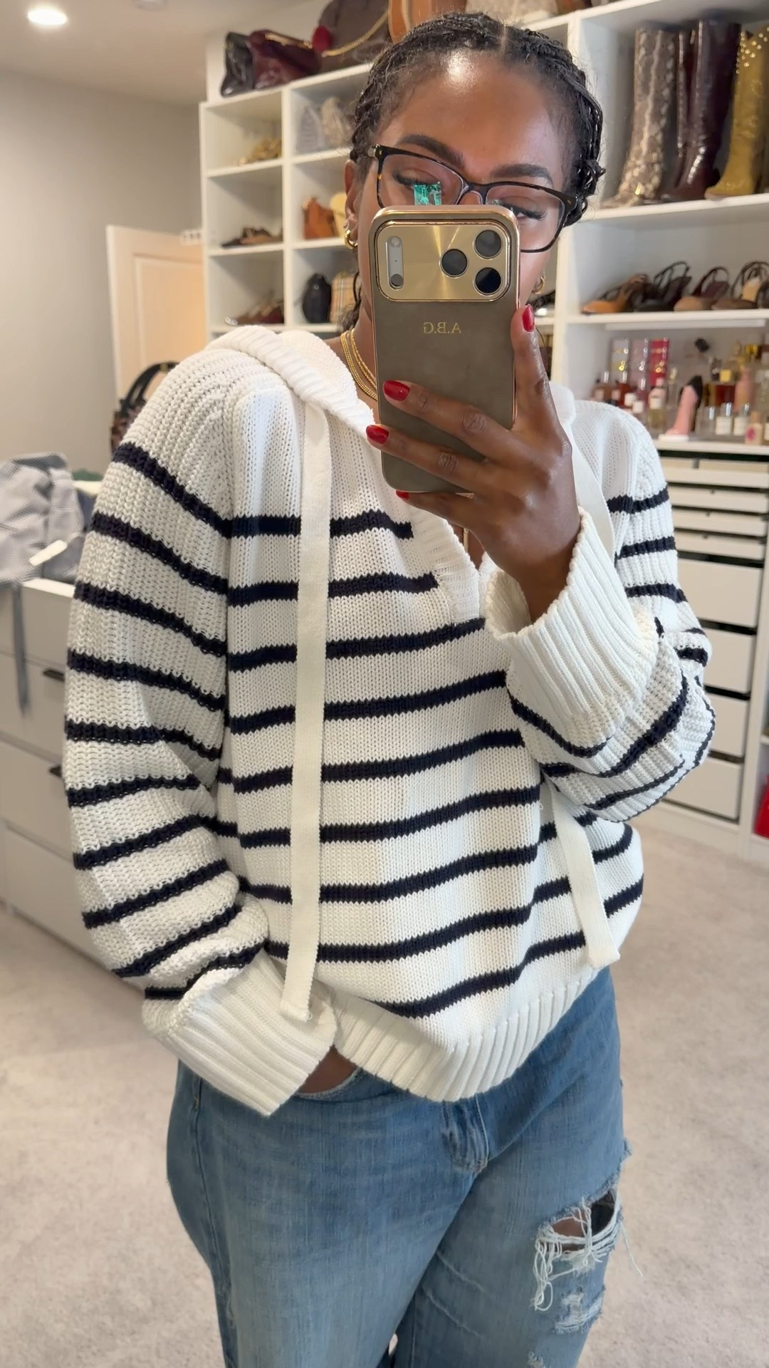 Sweater: XXL
Jeans: 8
Also linking the glasses and phone case 