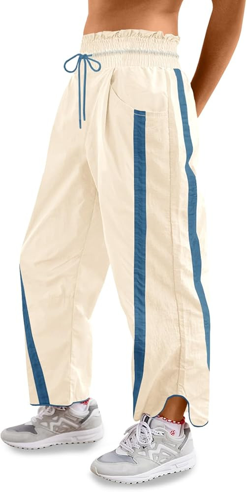 Fisoew Women's Baggy Wide Leg Pants Casual Drawstring Elastic Waisted Contrast Color Workout Y2K ... | Amazon (US)