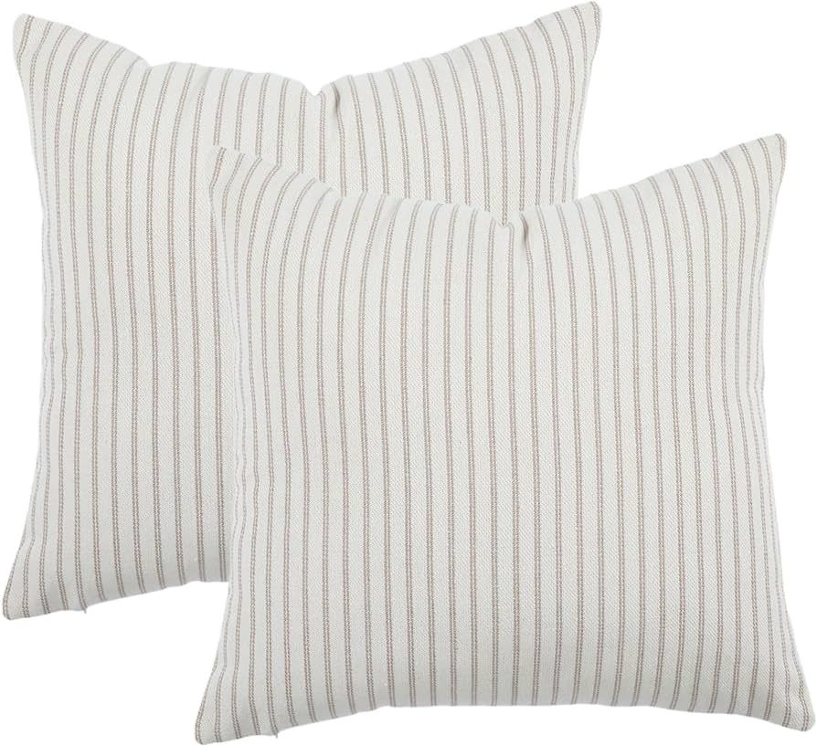 BOYSUM Khaki and Beige Throw Pillow Covers, 18x18 Farmhouse Pillow Covers Striped Throw Pillow Co... | Amazon (US)