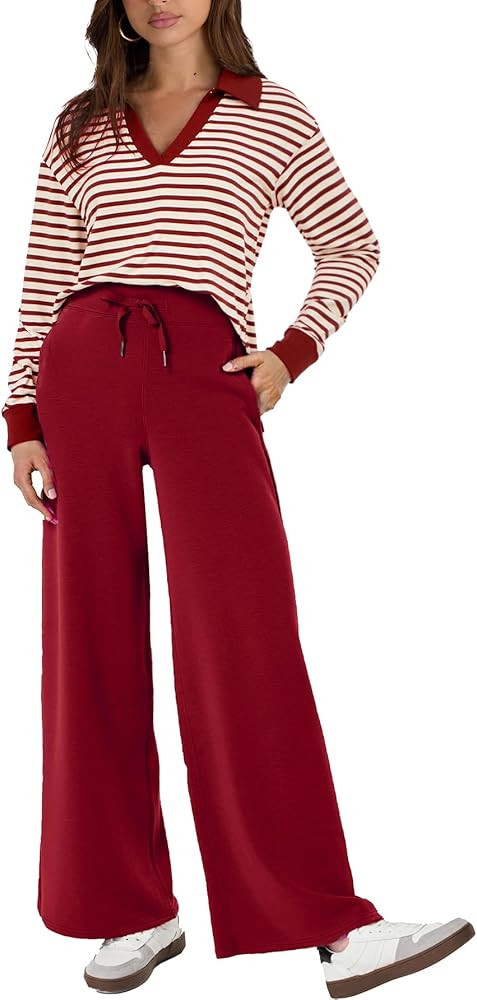 Glamaker Women's 2 Piece Sets Outfits Casual Long Sleeve Sweatsuits Polo Top and Wide Leg Pants M... | Amazon (US)