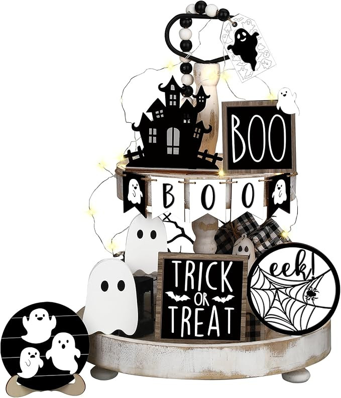 Umigy 15 Pcs Halloween Tiered Tray Decor Set Cute Ghost Tray Decorations Halloween Wooden Signs F... | Amazon (US)
