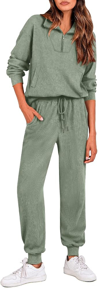 BTFBM Women's 2 Piece Tracksuit Fall Outfits 2025 Long Sleeve Half Zip Sweatshirt Sweatpants Loun... | Amazon (US)
