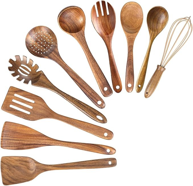 10 Pack Wooden Spoons for Cooking, Teak Wood Kitchen Utensils Set for Non Stick Use, Spatula Set ... | Amazon (US)
