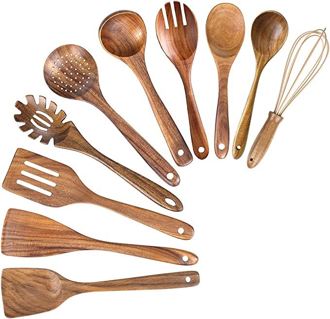 10 Pack Wooden Spoons for Cooking, Teak Wood Kitchen Utensils Set for Non Stick Use, Spatula Set ... | Amazon (US)