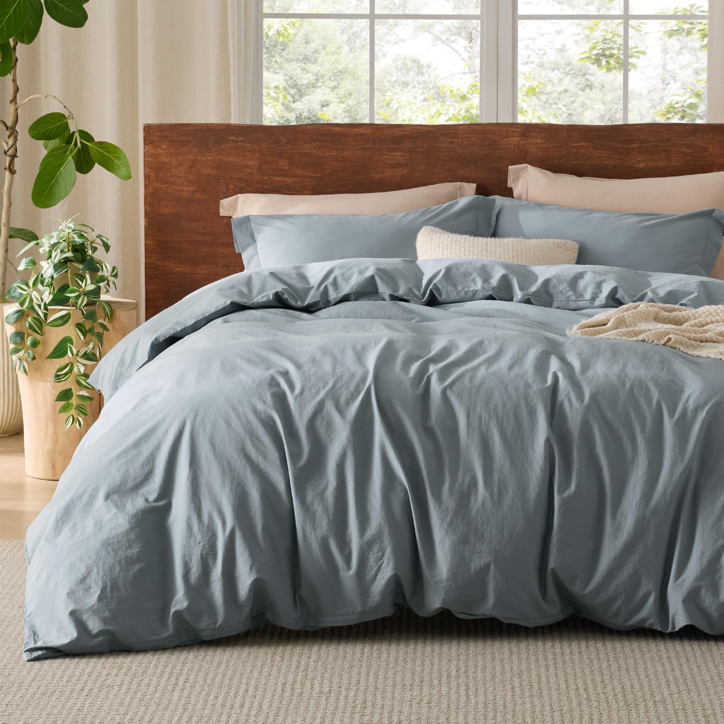 Bedsure 100% Washed Cotton Duvet Cover Queen - Grey Blue Minimalist Cotton Duvet Cover Set Linen ... | Amazon (US)