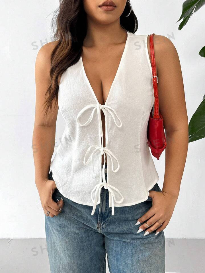 SHEIN EZwear Plus Size Deep V-Neck Tie Front Sleeveless Solid Color Clean And Simple Style Casual... | SHEIN