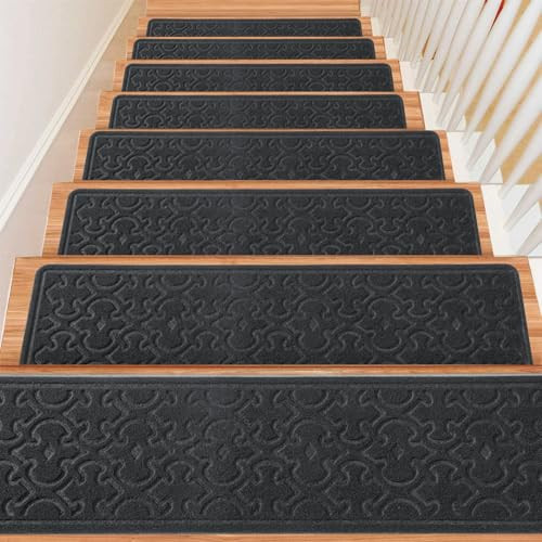 15Pcs Stair Treads for Wooden Steps With Self Adhesive, 8"x30" Non Slip Stair Runners-Peel & Stick Indoor Stair Carpet Runner, Resistant Runner for Kids, Elders and Pets, Black | Amazon (US)