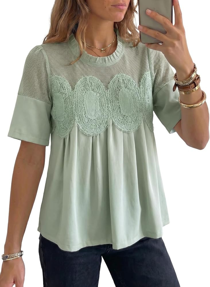 Dokotoo Women's Lace Blouse Elegant Flared Swing Tops Crew Neck Short Sleeve Textured Embroidered... | Amazon (US)