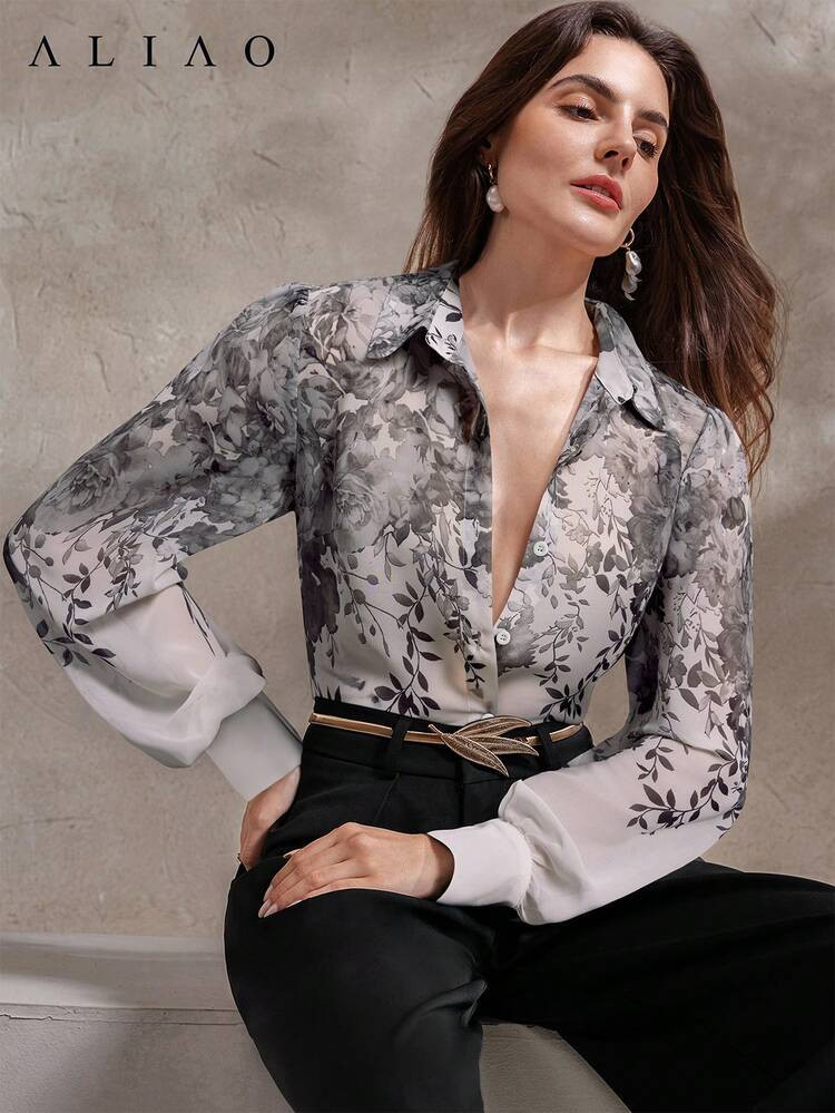 ALIAO Spring/Autumn White Base Black Floral Print Sheer Button-Down Long Sleeve Shirt, Casual Vacation Style For Daily Outings | SHEIN