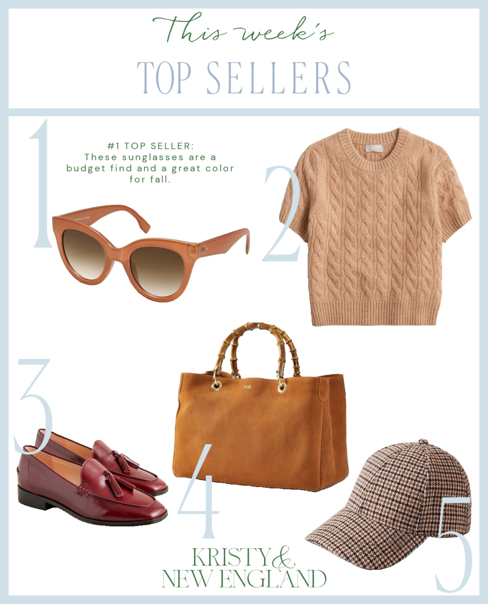 Top Sellers this week #1 orange brown sunglasses #2 cashmere cable knit sweater #3 leather loafers #4 cognac suede handbag #5 houndstooth ball cap

#LTKOver40 #LTKItBag #LTKFallSale