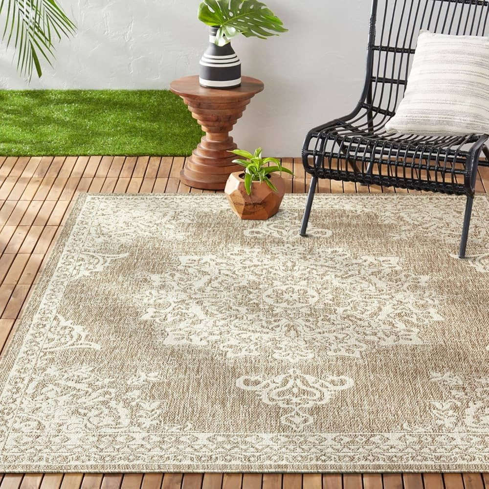 Nicole Miller New York Patio Country Azalea Transitional Medallion Indoor/Outdoor Area Rug, Taupe... | Amazon (US)