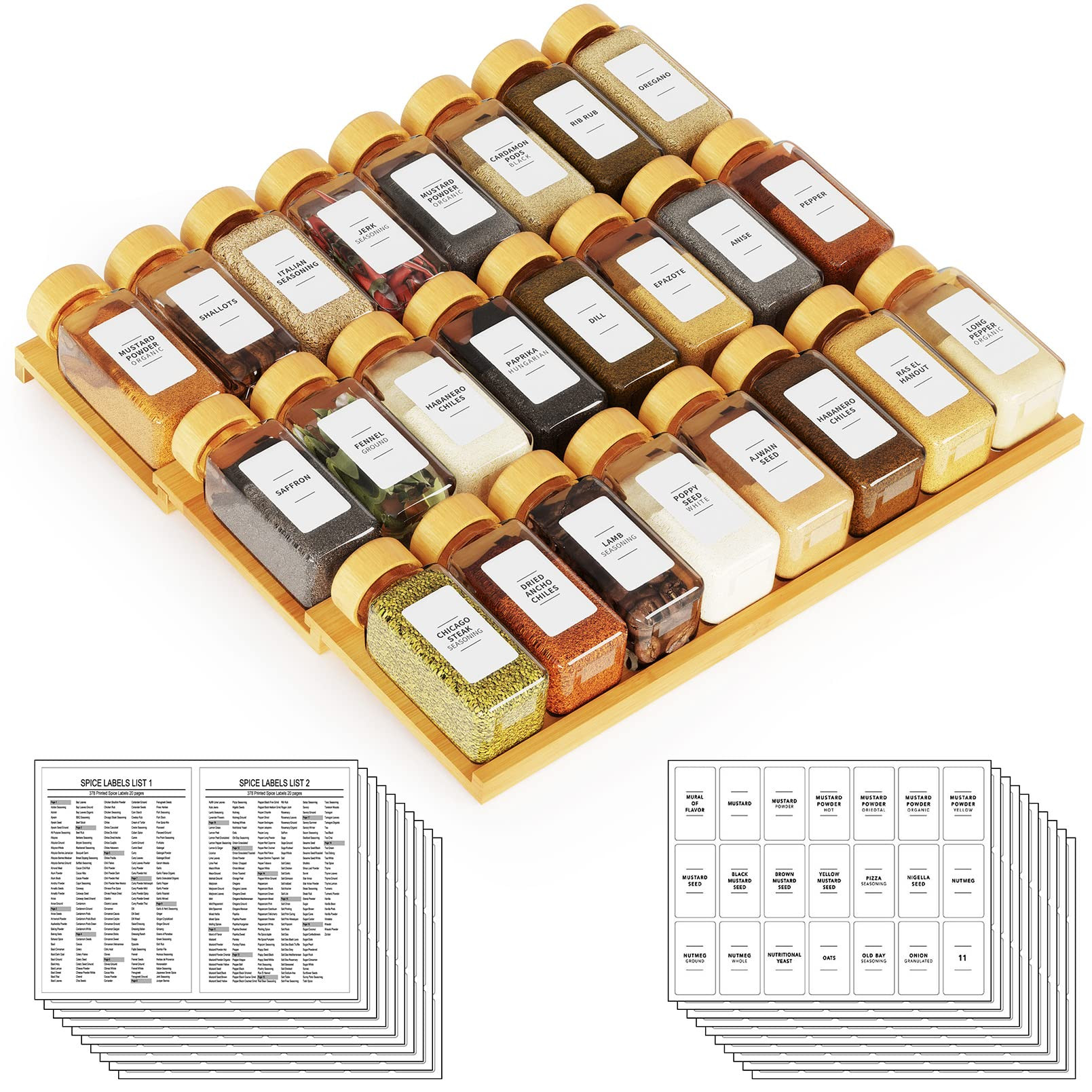 SpaceAid Bamboo Spice Drawer Organizer with 24 Spice Jars, 378 White Minimalist Spice Labels, 3 T... | Amazon (US)