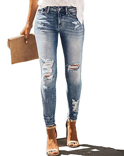 POTILI Womens Ripped Jeans Stretch Skinny Jeans for Women Butt Lifting Distressed Jeans High Waisted Denim Pants Light Blue Size 12 | Amazon (US)