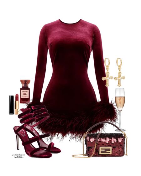 NYE dress, NYE outfit inspo, New Year’s Eve party dress- burgundy dress with feather trim and sleeves, wrap up sandals, sequin fendi  bag, cross earrings.

#LTKHoliday LTKFestiveSaleUK #LTKparties