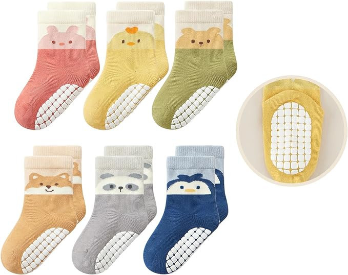 Bearbay 6 Pairs Toddlers Non Slip Socks with Grippers Baby Girls Boys Anti Skid Crew Cotton Socks... | Amazon (US)