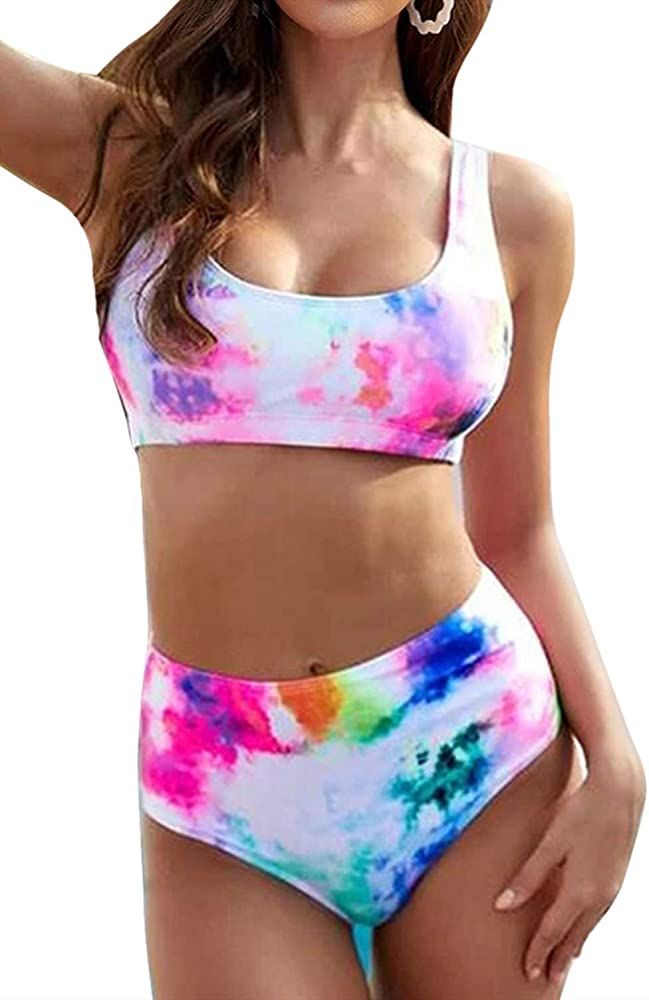 Womens High Waisted Bikini Tie Dye Bandeau Top Rainbow Sports Style Low Scoop Crop Swimsuits Two Pie | Amazon (US)