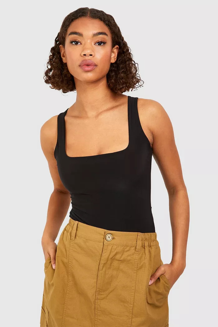Black Tall Square Neck Double Layer Bodysuit | Boohoo.com (UK & IE)