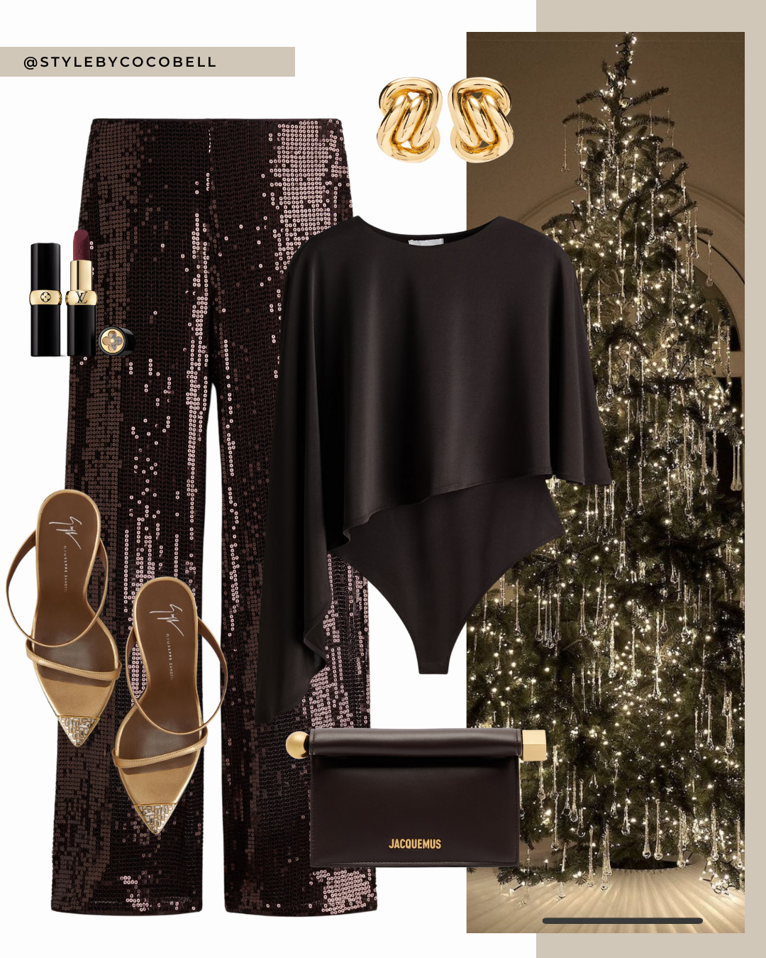 Elegant holiday party look with chocolate sequin trousers, draped black bodysuit and metallic heels. Styled with chunky gold earrings, a sleek Jacquemus bag and deep berry lipstick for a polished but fun evening outfit. Perfect for Christmas parties, New Year’s Eve or any dressy night out. 

 

#LTKwinter #LTKfestive #LTKpartywear