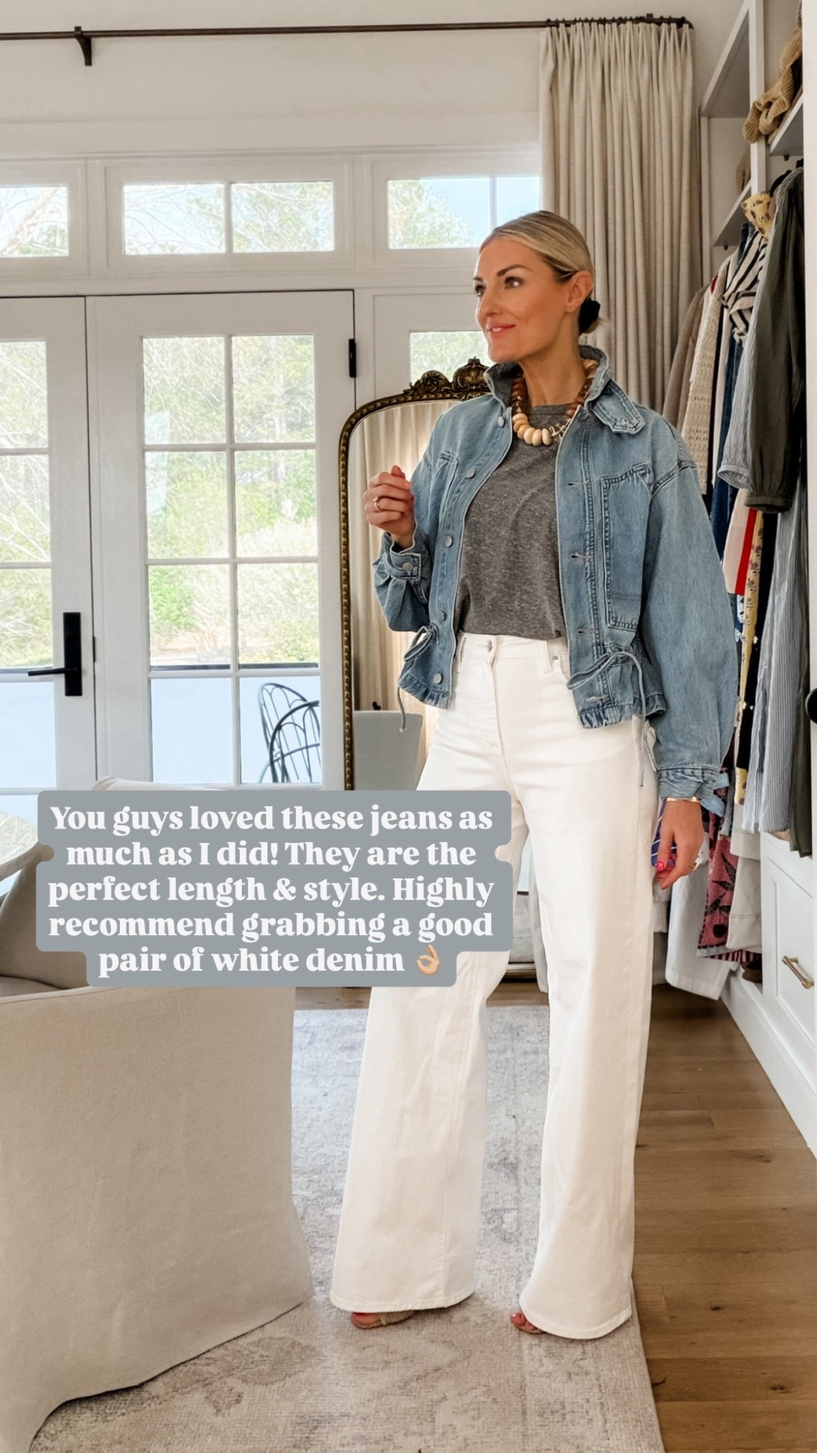 These white denim wide leg jeans are SO good! They remind me of a pair I had a few years ago that were at a much higher price point! A pair you can wear for work or play! Wearing XS in denim jacket, S in tee, & 4 in the jeans!

Loverly Grey, Target, white denim, closet staples, white wide leg jeans, denim jacket 

#LTKSeasonal