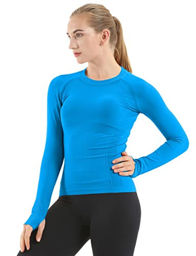 MathCat Seamless Workout Shirts for Women Long Sleeve Yoga Tops Sports Running Shirt Breathable Athletic Top Slim Fit(X-Large,Blue04) | Amazon (US)