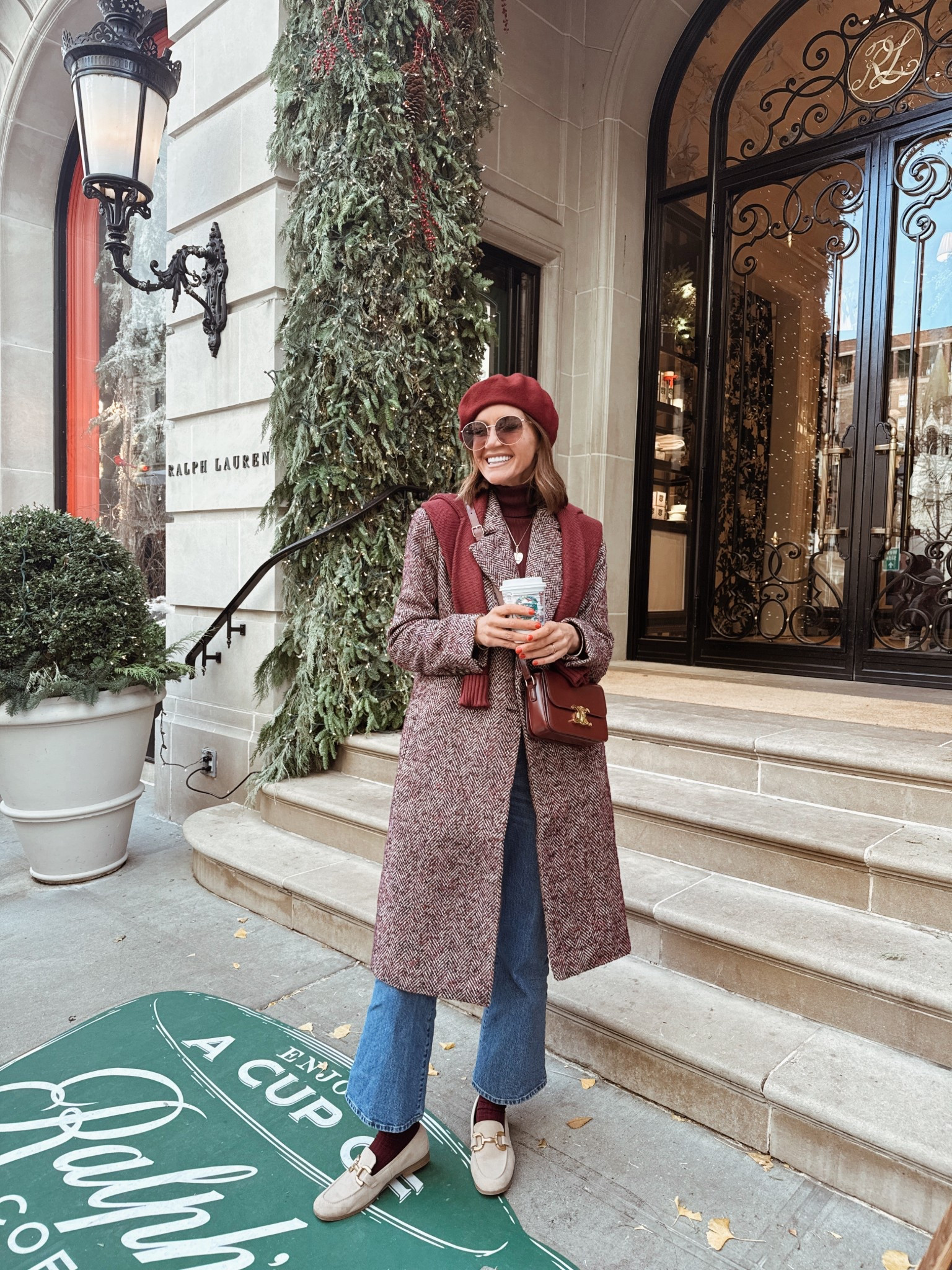 S in sweater 
Xs in turtleneck 
Xs in coat 
26 in jeans (I size up in this brand)