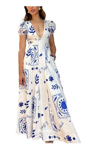 Hykytyhk Womens Summer Maxi Dress Puff Short Sleeve Sexy V Neck Floral Casual Dresses with Pockets Blue Large | Amazon (US)
