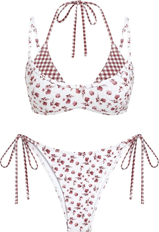 ZAFUL Women's Polka Dot Bikini Set Double Layer Halter Swimsuit Colorblock Side Tie 2 Piece Bathi... | Amazon (US)