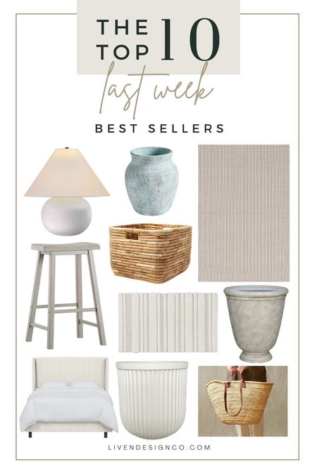 Last week bestselling items. Tapered shade table lamp. Blue ceramic vase. Woven storage basket. Target home. Indoor outdoor neutral rug. Outdoor urn planter. Walmart home. Whitewash gray wood counter stool. Bath mat rug. White ribbed planter. Woven straw French market tote. Beach bag. Upholstered bed.

#LTKSeasonal #LTKHome #LTKStyleTip