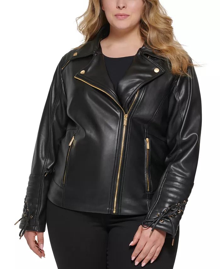 Women's Plus Size Faux-Leather Asymmetric Moto Coat | Macy's