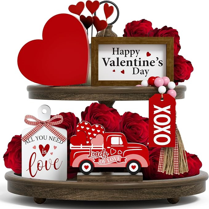 Valentine's Day Tiered Tray Decor Set - 5 Pcs Heart Wooden Signs XOXO Bead Garland, Valentines Da... | Amazon (US)