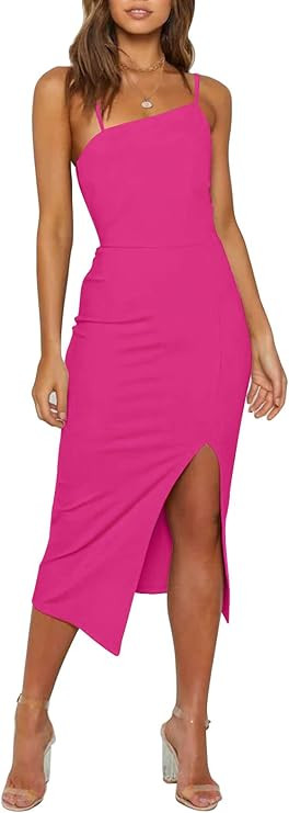 MEROKEETY Womens Sexy Spaghetti Strap Split Hem Party Dress Bodycon Zipper Back Midi Dress | Amazon (US)